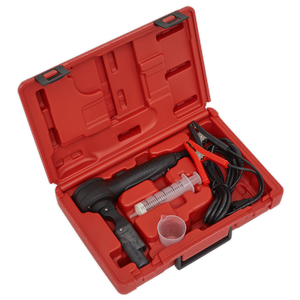 The Sealey Brake Fluid Tester - Boil Test - VS0275 includes a red plastic case, a handheld device, a syringe, two cables with clamps, and a small plastic cup to measure water content.