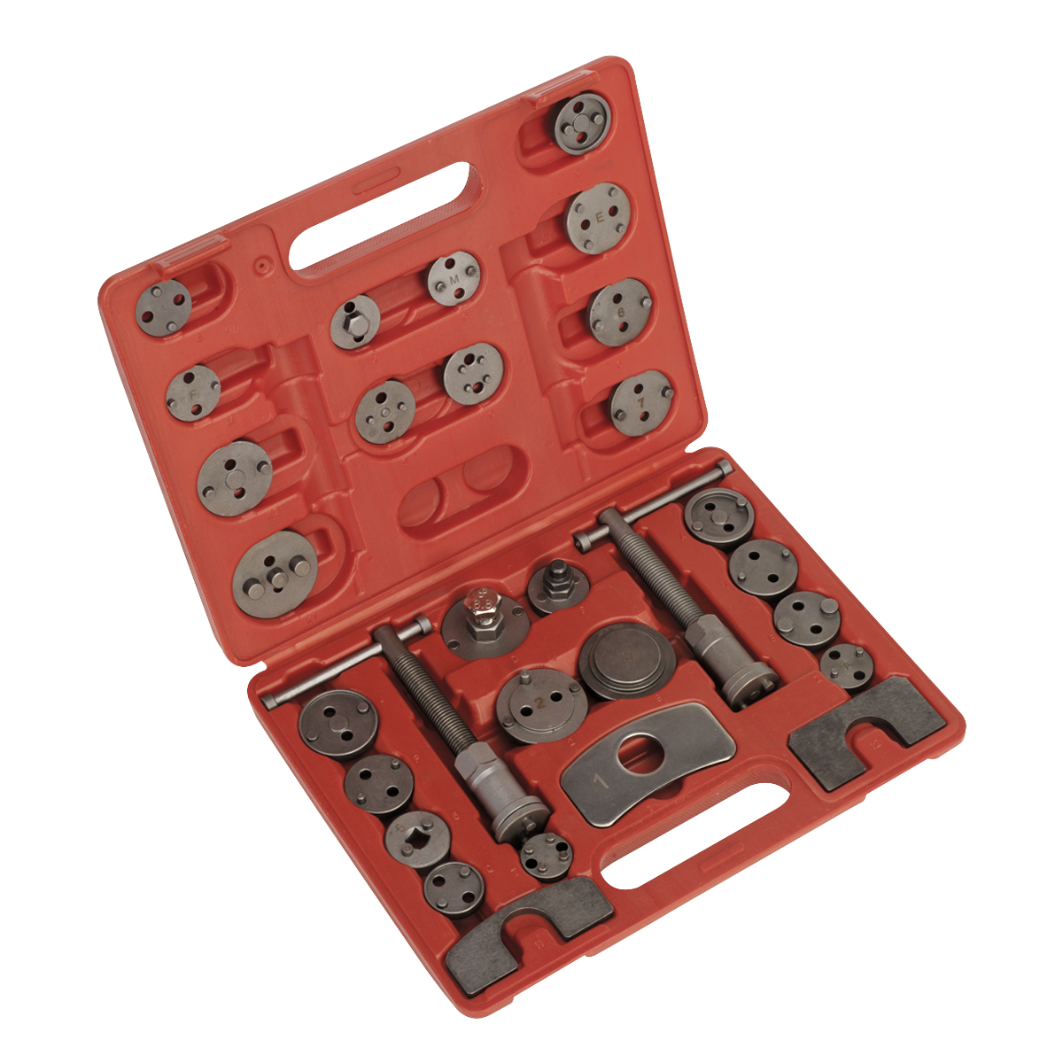 A red plastic carrying case containing the Sealey Brake Piston Wind-Back Tool Kit 30pc (VS0285) with a well-organized set of metal tools and attachments, including adapter plates for various vehicle applications.