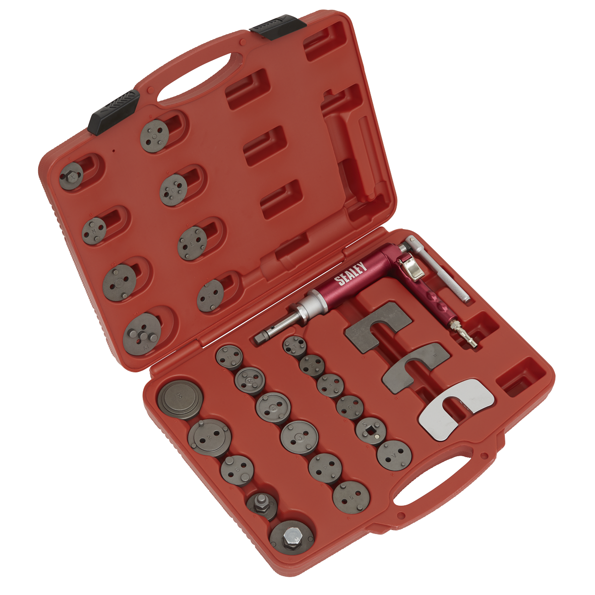 The Sealey Air Operated Brake Piston Wind-Back Tool Kit 29pc (VS0286) comes in a red plastic case that includes an assortment of metal fittings, connectors, and a tool handle designed specifically for brake pistons. Each piece has its own slot, ensuring that this master set of adaptors and the air-operated wind-back tool remains neatly organized inside.