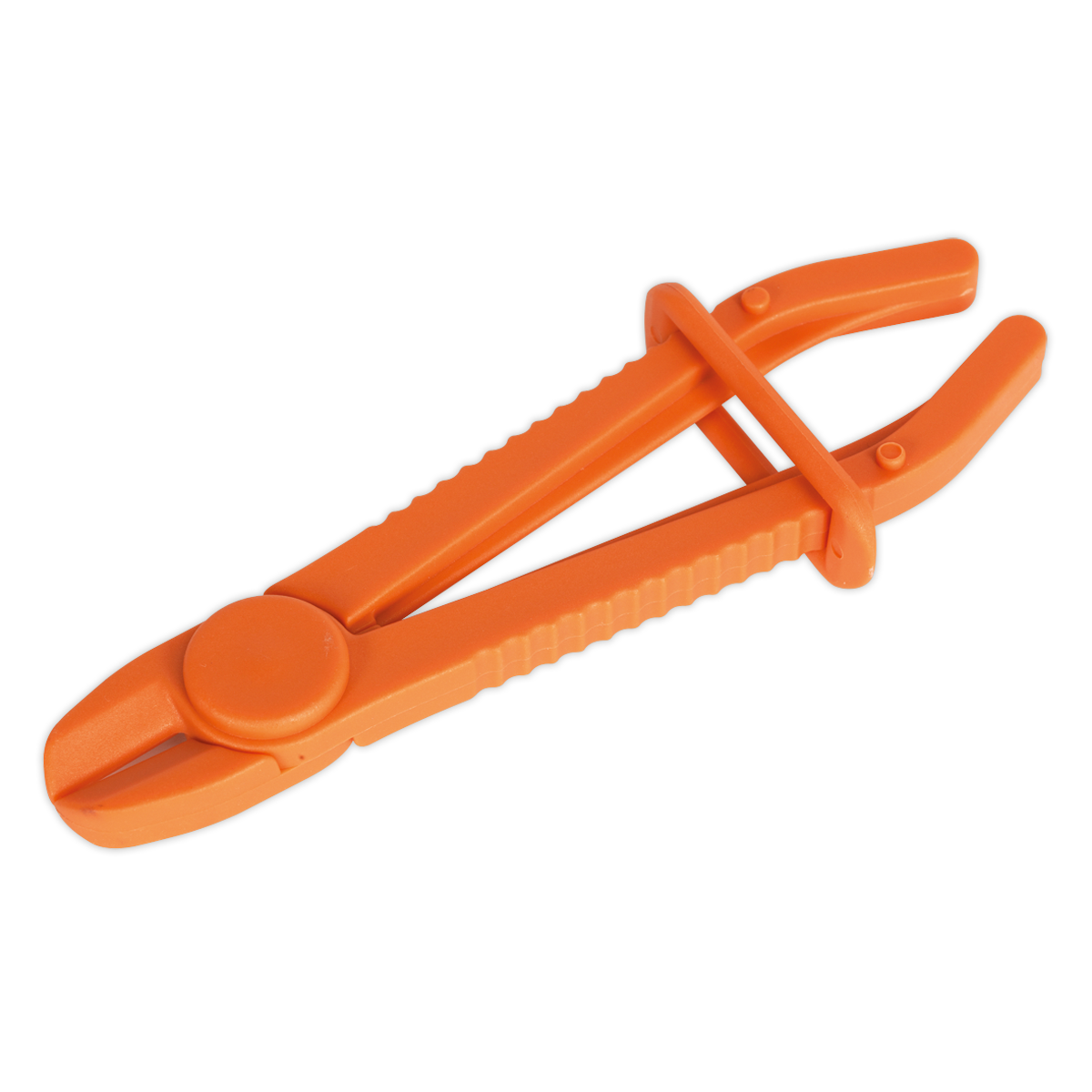 The Sealey Hose Pinch Tool Composite Small - Brake/Fuel Hoses - VS030 is an orange plastic clamp made from glass-reinforced nylon. It features a clamping mechanism and curved handles, designed specifically for pinching hoses or tubing. Its smooth jaw edges ensure a secure grip, and its high-visibility design makes it easy to spot in any toolbox.