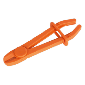 The Sealey Hose Pinch Tool Composite Small - Brake/Fuel Hoses - VS030 is an orange plastic clamp made from glass-reinforced nylon. It features a clamping mechanism and curved handles, designed specifically for pinching hoses or tubing. Its smooth jaw edges ensure a secure grip, and its high-visibility design makes it easy to spot in any toolbox.
