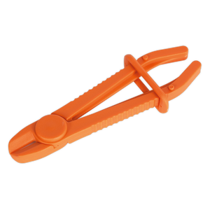 The Sealey Hose Pinch Tool Composite Small - Brake/Fuel Hoses - VS030 is an orange plastic clamp made from glass-reinforced nylon. It features a clamping mechanism and curved handles, designed specifically for pinching hoses or tubing. Its smooth jaw edges ensure a secure grip, and its high-visibility design makes it easy to spot in any toolbox.