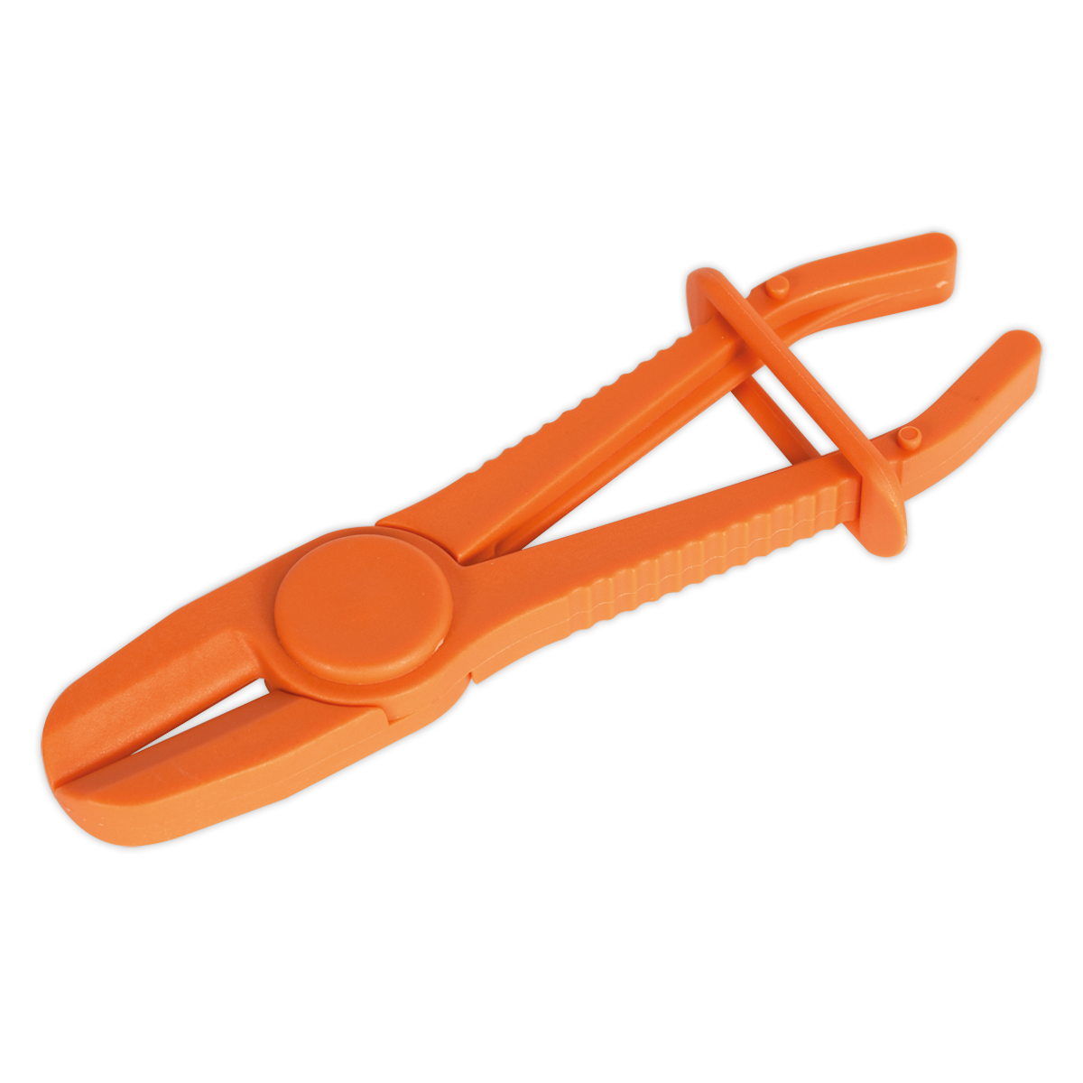 The Sealey Hose Pinch Tool Composite Medium - Heater Hoses - VS031 features a durable orange plastic design with a round central joint and ribbed handles, made from non-conductive nylon for safe use.