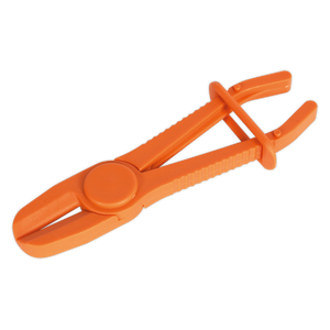 The Sealey Hose Pinch Tool Composite Medium - Heater Hoses - VS031 features a durable orange plastic design with a round central joint and ribbed handles, made from non-conductive nylon for safe use.