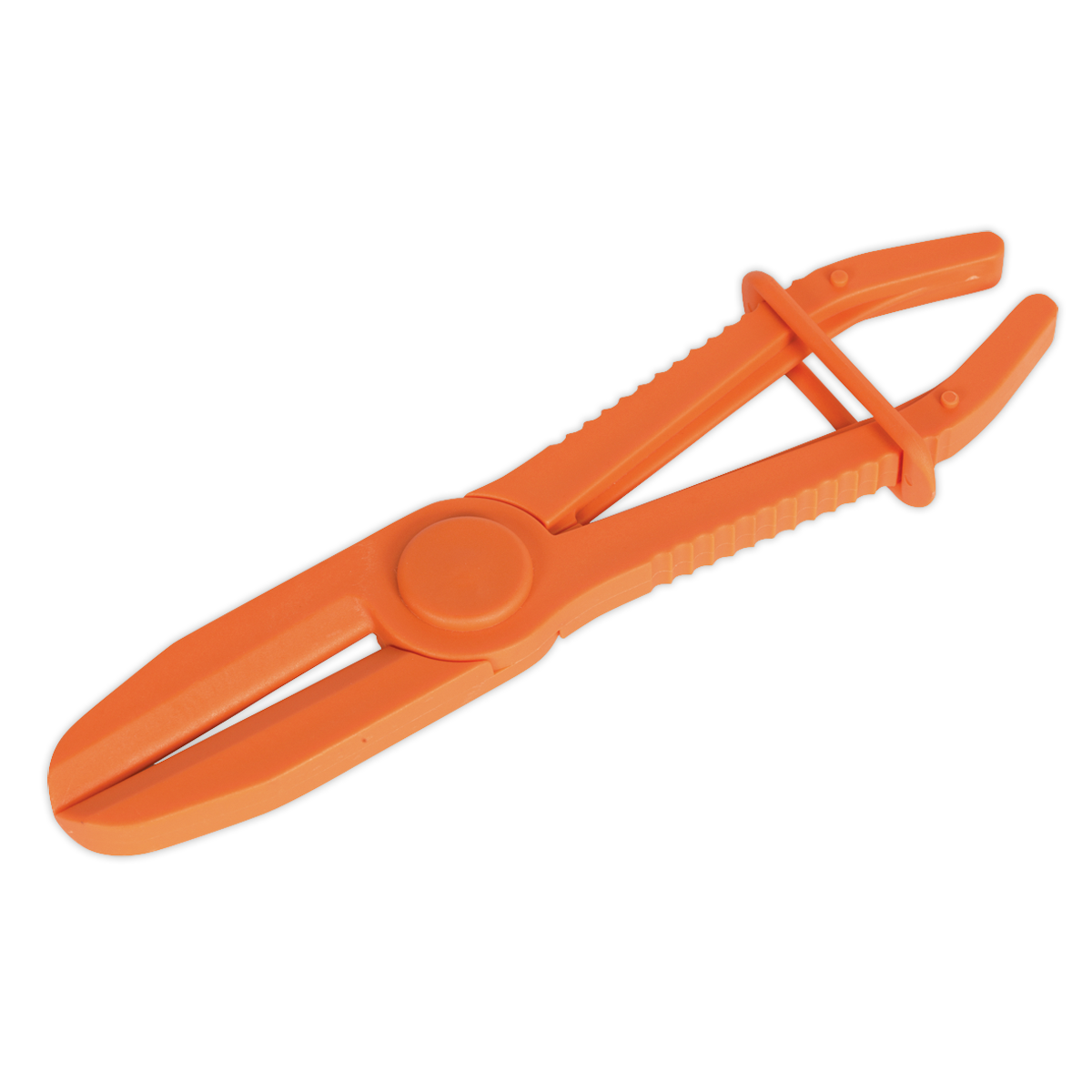 The Hose Pinch Tool Composite Large - Radiator Hoses - VS032 by Sealey is an orange plastic clamp tool made from glass-reinforced nylon, featuring ridged handles and a circular hinge in the center. Designed for one-handed use, it's perfect for various tasks.