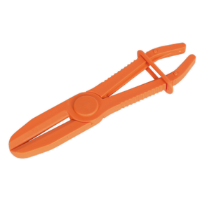 The Hose Pinch Tool Composite Large - Radiator Hoses - VS032 by Sealey is an orange plastic clamp tool made from glass-reinforced nylon, featuring ridged handles and a circular hinge in the center. Designed for one-handed use, it's perfect for various tasks.