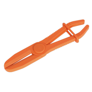 The Hose Pinch Tool Composite Large - Radiator Hoses - VS032 by Sealey is an orange plastic clamp tool made from glass-reinforced nylon, featuring ridged handles and a circular hinge in the center. Designed for one-handed use, it's perfect for various tasks.