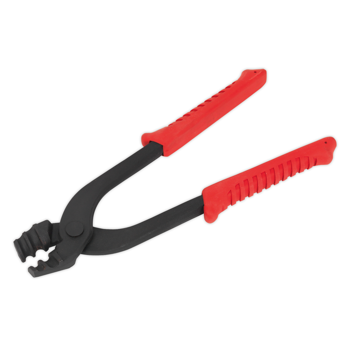 The Sealey Brake Pipe Bending Pliers - VS0341 feature red and black soft grip handles and forged steel jaws, ideal for pressing and securing connectors onto cables.