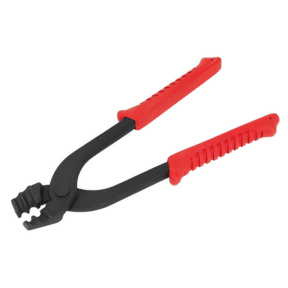 The Sealey Brake Pipe Bending Pliers - VS0341 feature red and black soft grip handles and forged steel jaws, ideal for pressing and securing connectors onto cables.