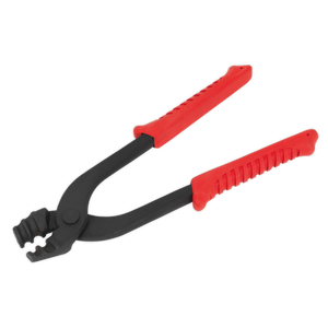 The Sealey Brake Pipe Bending Pliers - VS0341 feature red and black soft grip handles and forged steel jaws, ideal for pressing and securing connectors onto cables.