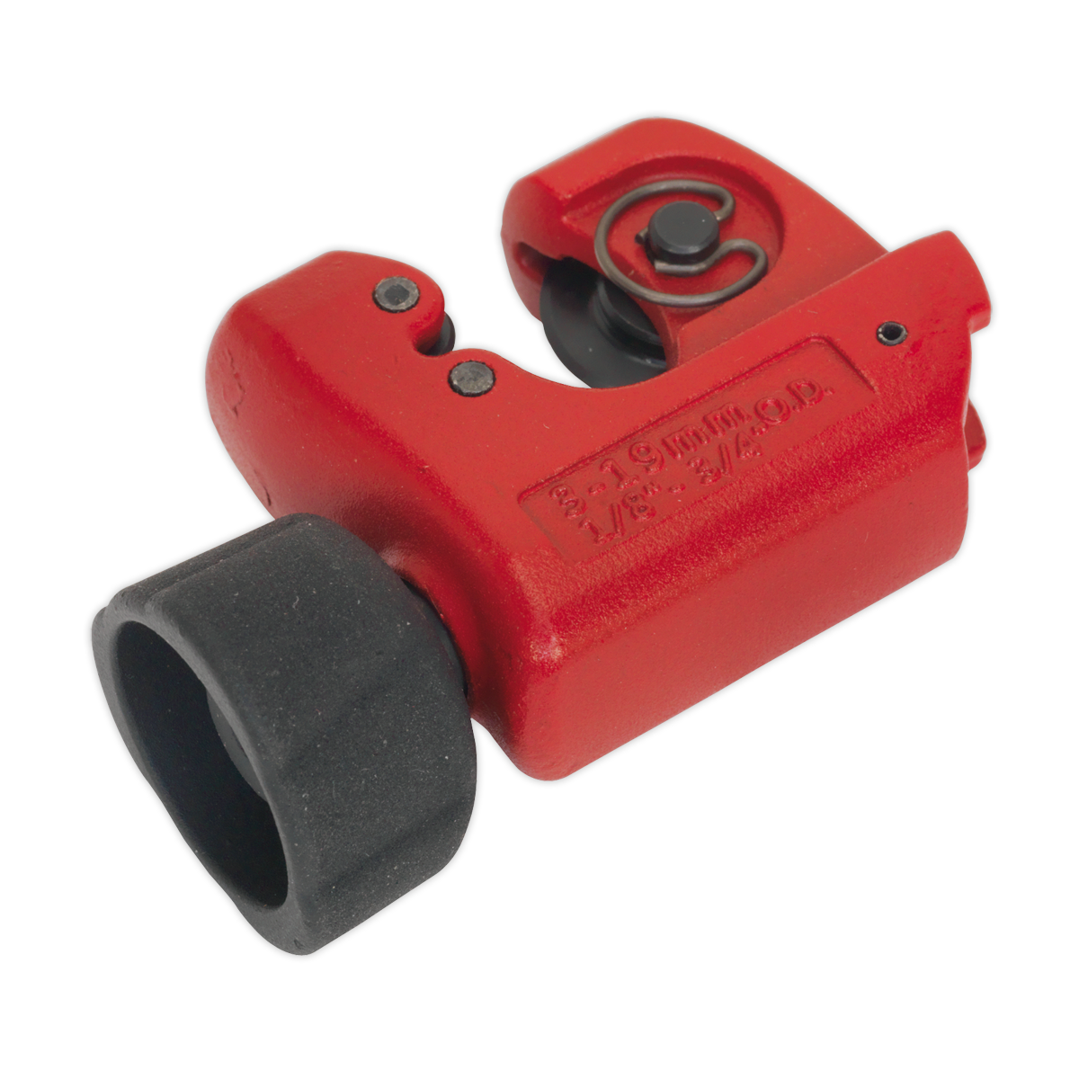 The Sealey Brake Pipe Cutter - VS0349 is a red handheld tool featuring a black adjustment knob, designed for cutting copper pipes to desired lengths. It has a Ø3-19mm capacity and an SUJ2 steel cutting wheel, ensuring durability and precision.