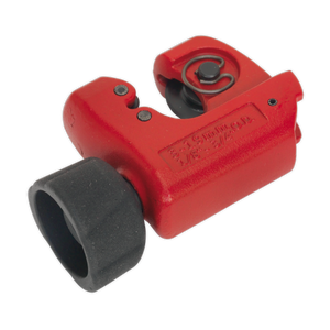 The Sealey Brake Pipe Cutter - VS0349 is a red handheld tool featuring a black adjustment knob, designed for cutting copper pipes to desired lengths. It has a Ø3-19mm capacity and an SUJ2 steel cutting wheel, ensuring durability and precision.