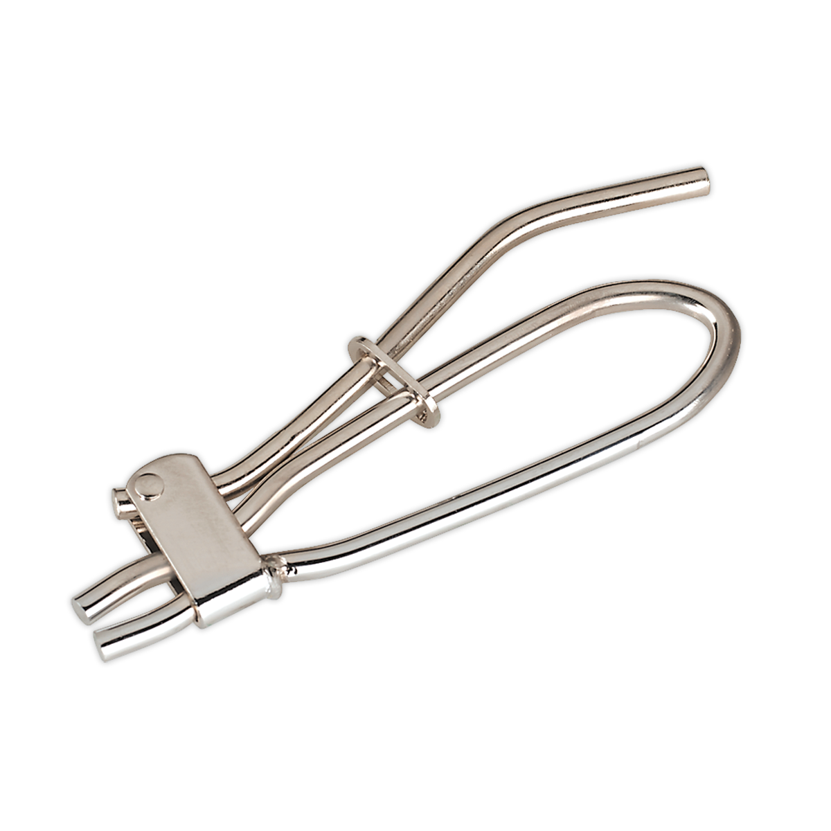 The Sealey Hose Pinch Tool Metal Spring Type - Brake/Fuel Hoses - VS034 is a silver, U-shaped metal tool with a handle and two parallel cylindrical sections, designed specifically for working with brake lines or other mechanical uses.