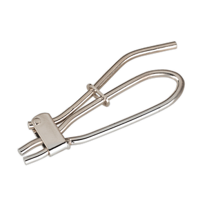 The Sealey Hose Pinch Tool Metal Spring Type - Brake/Fuel Hoses - VS034 is a silver, U-shaped metal tool with a handle and two parallel cylindrical sections, designed specifically for working with brake lines or other mechanical uses.