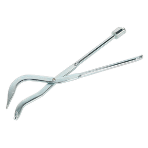 The Sealey Brake Shoe Spring Pliers - VS035 is a metal valve spring compressor tool featuring two hinged arms and a curved, hook-like end, making it ideal for working on drum shoe return springs in cars and light commercial vehicles.