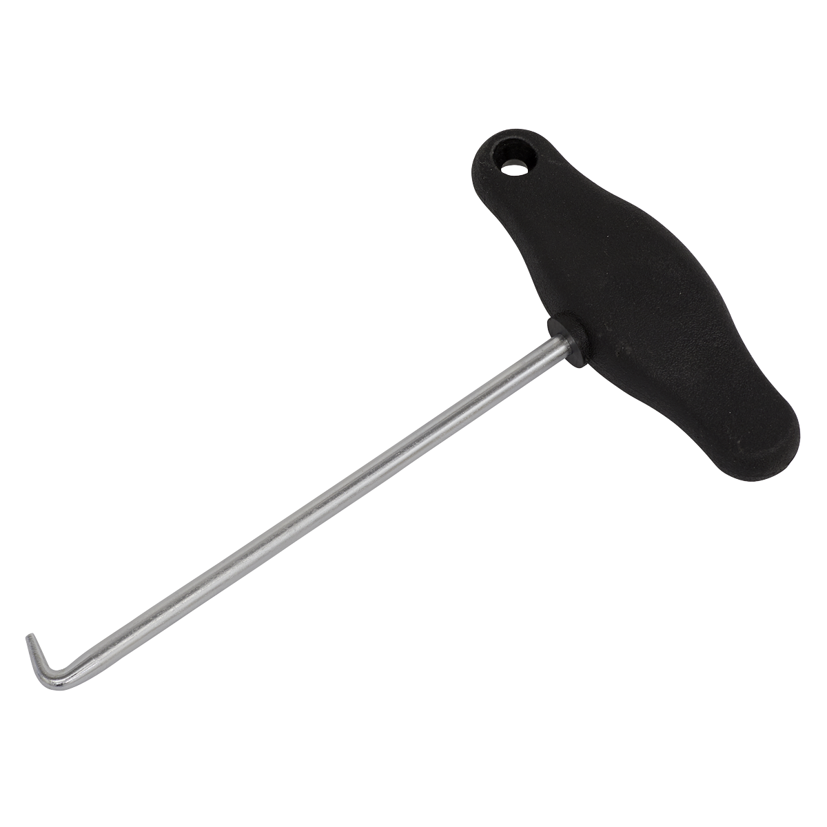 Image of the Sealey Brake Shoe Spring Hook Tool - VS0351, featuring a T-shaped design with a black plastic handle and a metal rod with a bent hook at the end, made from heat-treated alloy steel.