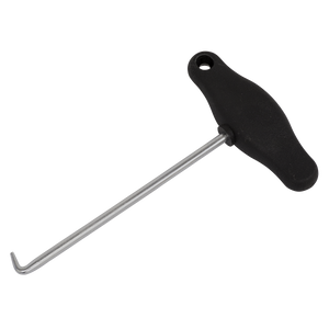 Image of the Sealey Brake Shoe Spring Hook Tool - VS0351, featuring a T-shaped design with a black plastic handle and a metal rod with a bent hook at the end, made from heat-treated alloy steel.