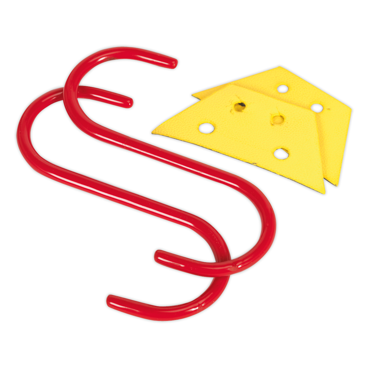 The Caliper Support Hook - VS0354 by Sealey, a red metal S-hook ideal for use during brake pad replacement, and a yellow plastic piece with four holes are displayed against a white background.