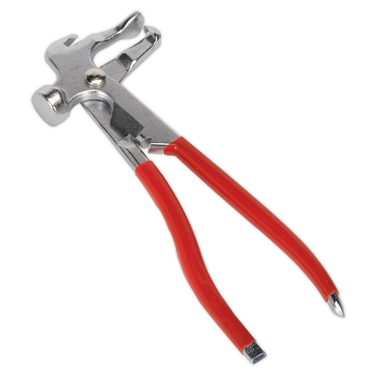 The Sealey Wheel Balancing Weight Pliers (VS0361) is a red-handled metal multipurpose tool featuring a small hammer head, a curved claw for nail removal, and plier functionality, making it perfect for wheel balance weights installation and removal.