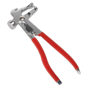 The Sealey Wheel Balancing Weight Pliers (VS0361) is a red-handled metal multipurpose tool featuring a small hammer head, a curved claw for nail removal, and plier functionality, making it perfect for wheel balance weights installation and removal.
