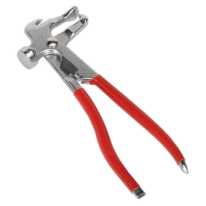 The Sealey Wheel Balancing Weight Pliers (VS0361) is a red-handled metal multipurpose tool featuring a small hammer head, a curved claw for nail removal, and plier functionality, making it perfect for wheel balance weights installation and removal.