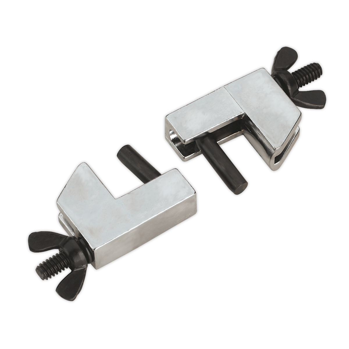 Two compact and sturdy alloy Brake & Fuel Hose Pinch Tools from Sealey's VS037 set, each featuring wing nuts for secure clamping. One is positioned on its side while the other stands upright against a plain white background.