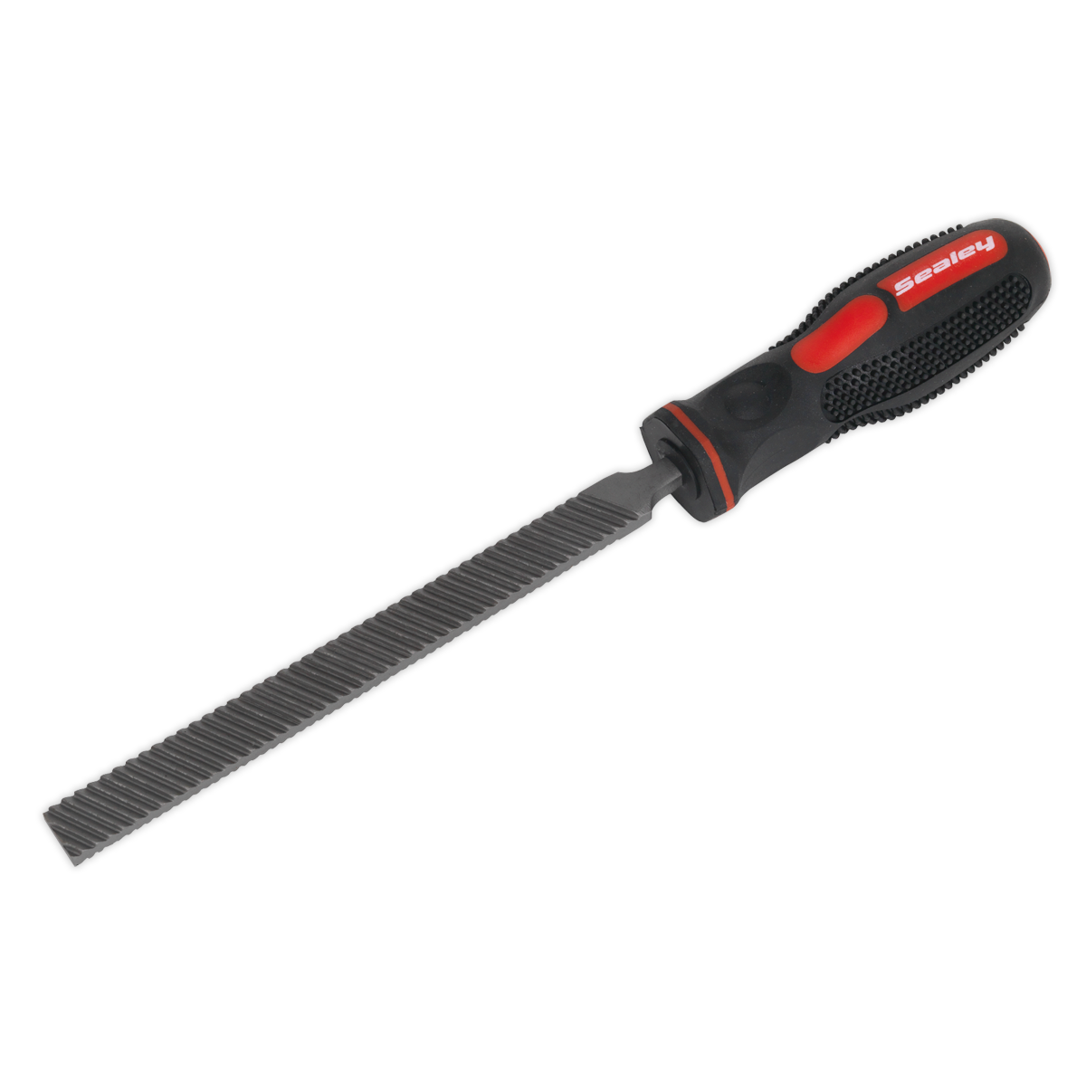 The Sealey Caliper Cleaning File - VS0391, featuring a black and red handle, is shown. This metal hand file has a gray, flat, textured surface ideal for corrosion removal.