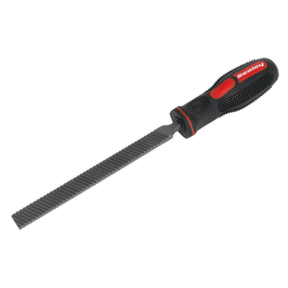 The Sealey Caliper Cleaning File - VS0391, featuring a black and red handle, is shown. This metal hand file has a gray, flat, textured surface ideal for corrosion removal.