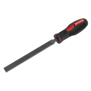 The Sealey Caliper Cleaning File - VS0391, featuring a black and red handle, is shown. This metal hand file has a gray, flat, textured surface ideal for corrosion removal.