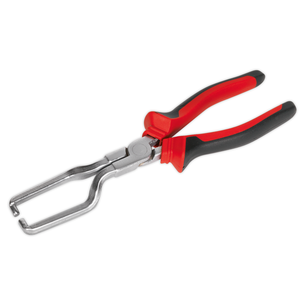 The Sealey Fuel Feed Pipe Pliers (VS0453), featuring silver pliers with red and black rubber grips, ideal for working on fuel pipes, are shown against a white background.