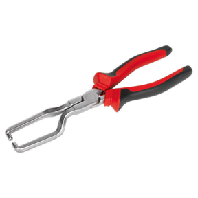 The Sealey Fuel Feed Pipe Pliers (VS0453), featuring silver pliers with red and black rubber grips, ideal for working on fuel pipes, are shown against a white background.