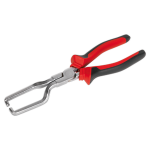 The Sealey Fuel Feed Pipe Pliers (VS0453), featuring silver pliers with red and black rubber grips, ideal for working on fuel pipes, are shown against a white background.