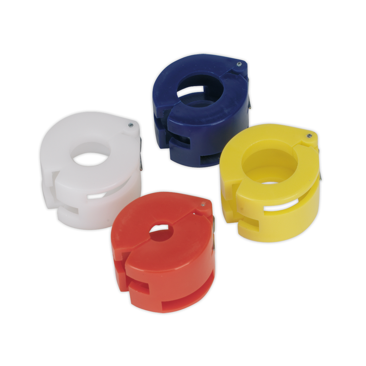 The Sealey Air Conditioning Spring Lock Coupling Tool Set 4pc (VS0454) includes four round, doughnut-shaped wire markers in white, red, blue, and yellow, beautifully arranged on a white background—an ideal solution for organizing air conditioning lines.