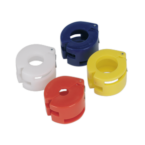 The Sealey Air Conditioning Spring Lock Coupling Tool Set 4pc (VS0454) includes four round, doughnut-shaped wire markers in white, red, blue, and yellow, beautifully arranged on a white background—an ideal solution for organizing air conditioning lines.