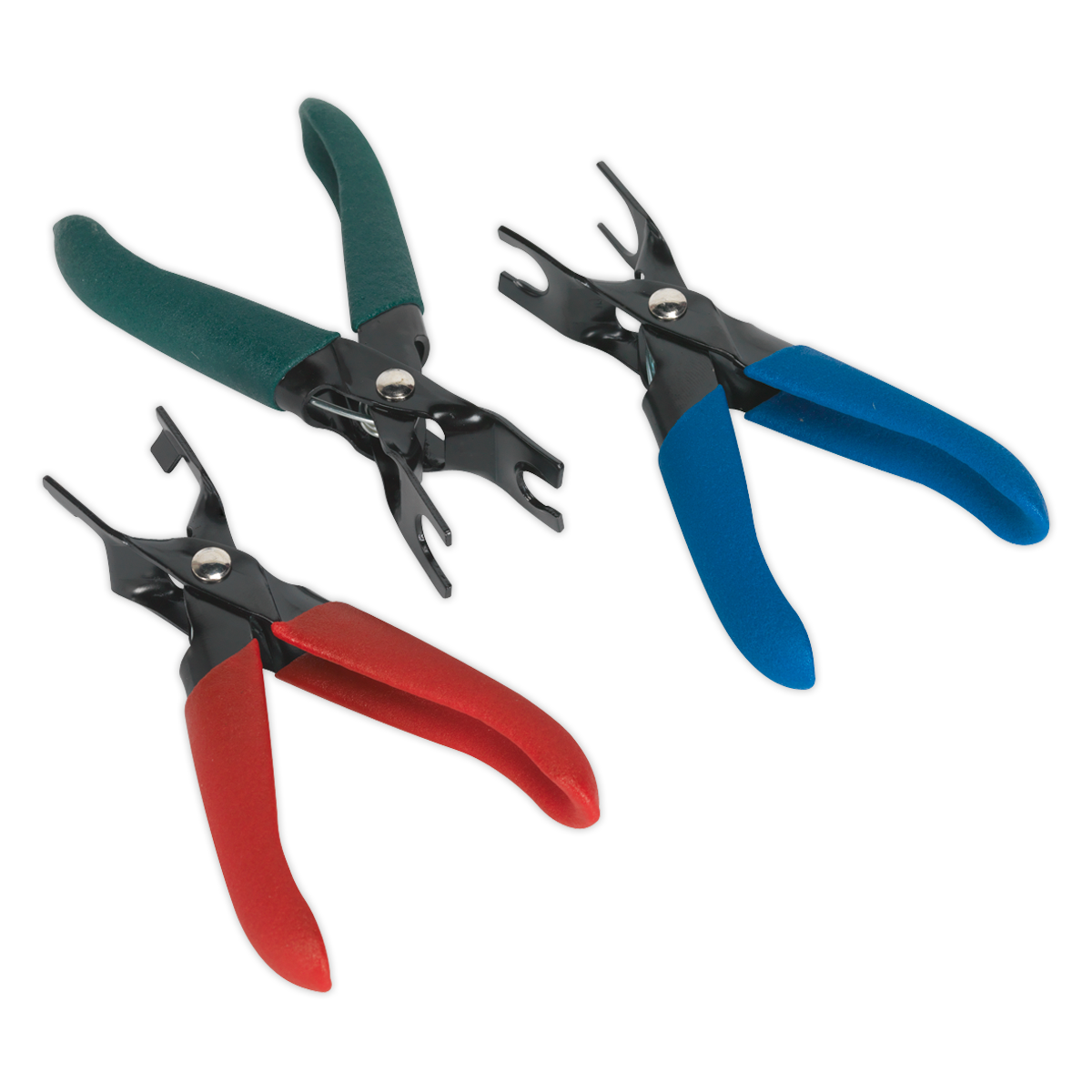 Three pairs of the Fuel Line Disconnection Set - VS0455 by Sealey, featuring colored handles in green, red, and blue, are arranged side by side. The sets come with black metal jaws designed like clamps, ideal for working with hoses and fuel lines.