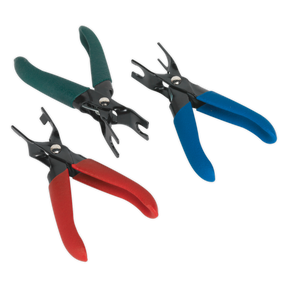 Three pairs of the Fuel Line Disconnection Set - VS0455 by Sealey, featuring colored handles in green, red, and blue, are arranged side by side. The sets come with black metal jaws designed like clamps, ideal for working with hoses and fuel lines.