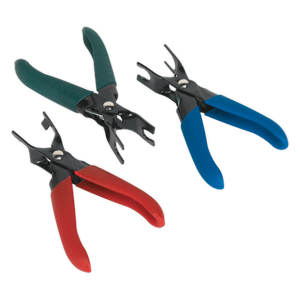 Three pairs of the Fuel Line Disconnection Set - VS0455 by Sealey, featuring colored handles in green, red, and blue, are arranged side by side. The sets come with black metal jaws designed like clamps, ideal for working with hoses and fuel lines.