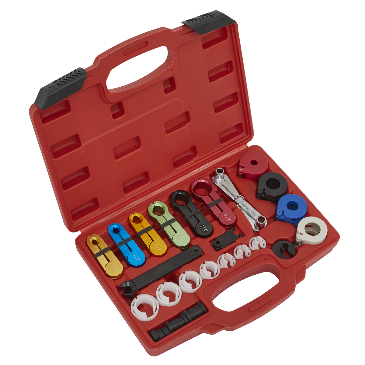 The Sealey Fuel & Air Conditioning Disconnection Tool Kit 21pc - VS0457 is a red plastic case containing a set of variously colored disconnect tools and fittings for fuel lines, complete with a handle for easy carrying.