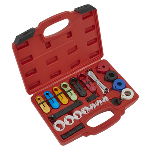 The Sealey Fuel & Air Conditioning Disconnection Tool Kit 21pc - VS0457 is a red plastic case containing a set of variously colored disconnect tools and fittings for fuel lines, complete with a handle for easy carrying.