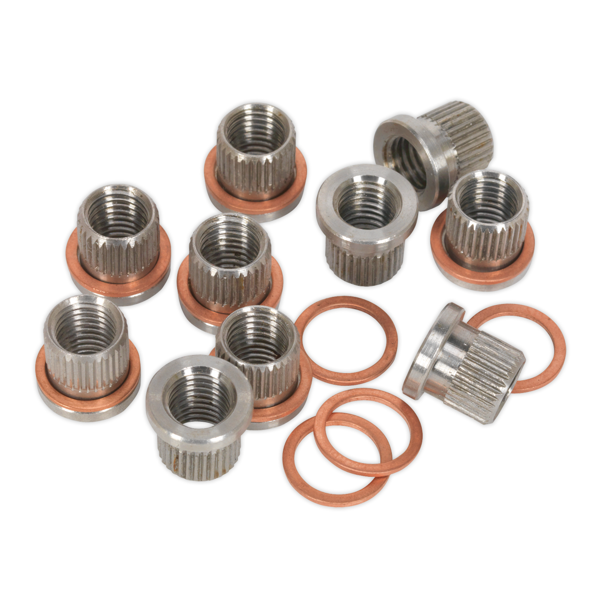 A pack of Sealey Thread Insert M9 x 1.25mm for VS0462 and copper washers, perfect for a brake caliper thread repair kit, arranged on a white background.