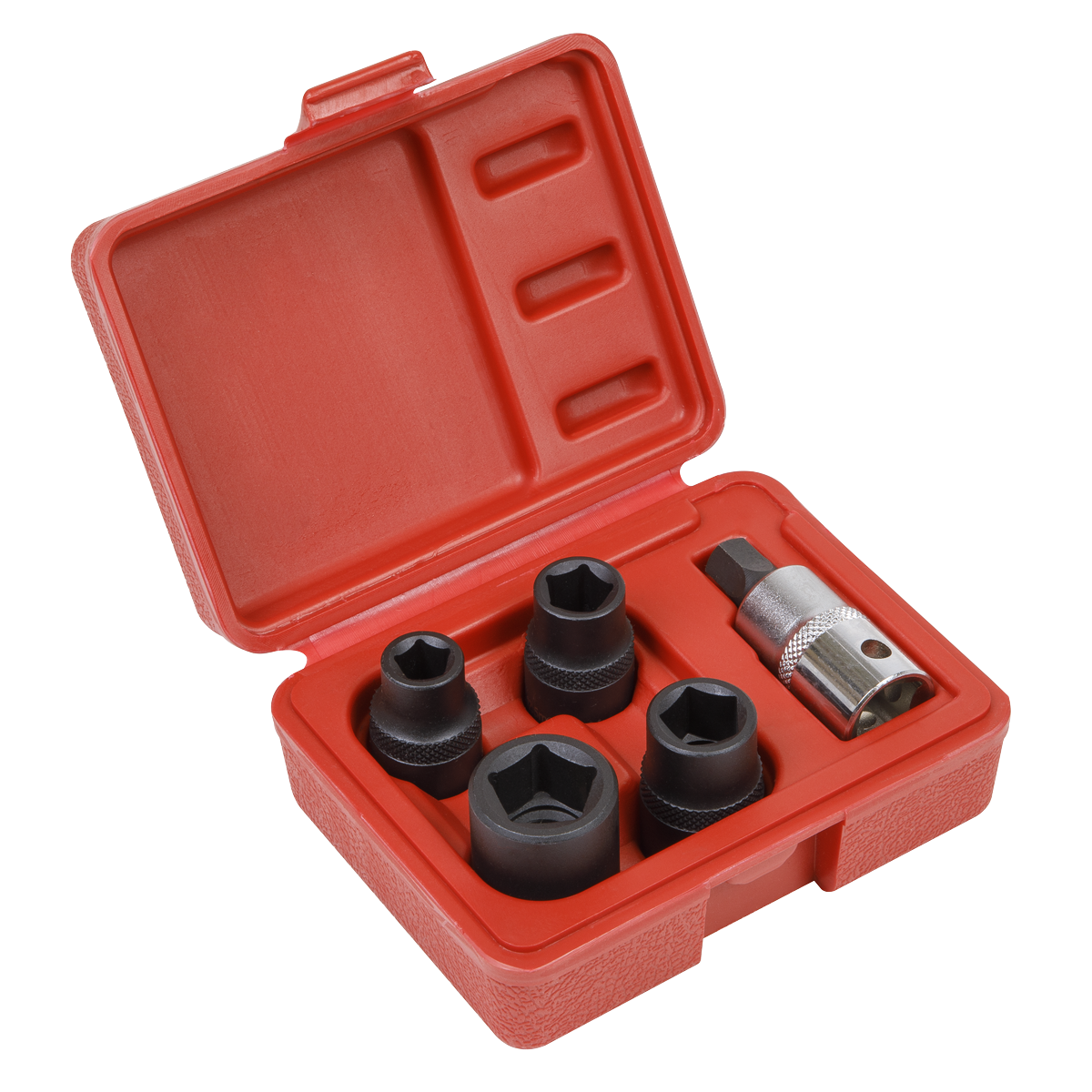 The Sealey Brake Caliper Socket Set 5pc 1/2"Sq Drive - VS0464 features a red plastic case with five black drive sockets and one metal adapter with a knurled surface, all neatly arranged in individual compartments.