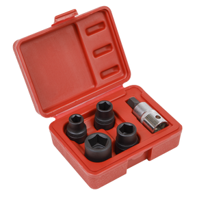 The Sealey Brake Caliper Socket Set 5pc 1/2"Sq Drive - VS0464 features a red plastic case with five black drive sockets and one metal adapter with a knurled surface, all neatly arranged in individual compartments.