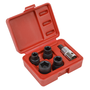 The Sealey Brake Caliper Socket Set 5pc 1/2"Sq Drive - VS0464 features a red plastic case with five black drive sockets and one metal adapter with a knurled surface, all neatly arranged in individual compartments.