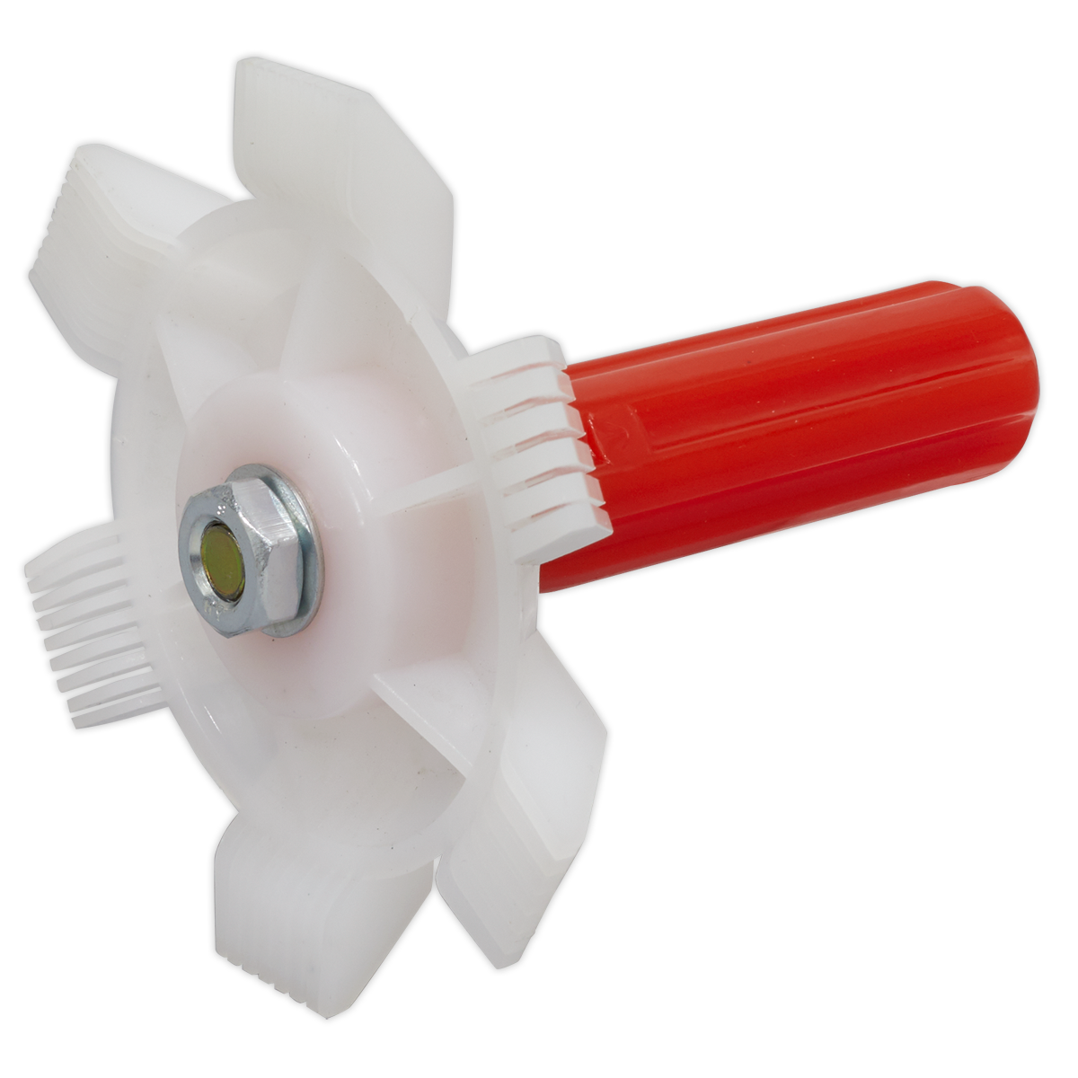 Image of a white plastic star-shaped gear with a red cylindrical handle, featuring a hexagonal metal nut in the center, resembling components used in the Sealey Radiator Fin Straightener - VS0472.