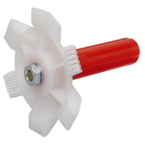 Image of a white plastic star-shaped gear with a red cylindrical handle, featuring a hexagonal metal nut in the center, resembling components used in the Sealey Radiator Fin Straightener - VS0472.