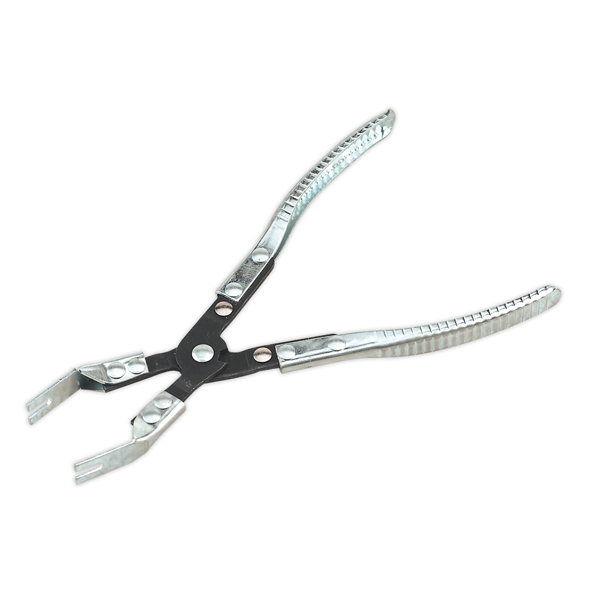 Introducing the Parking Brake Spring Pliers - VS054 by Sealey, a pair of metal pliers with black and silver handles, featuring a spring-loaded mechanism designed for gripping and manipulating objects.