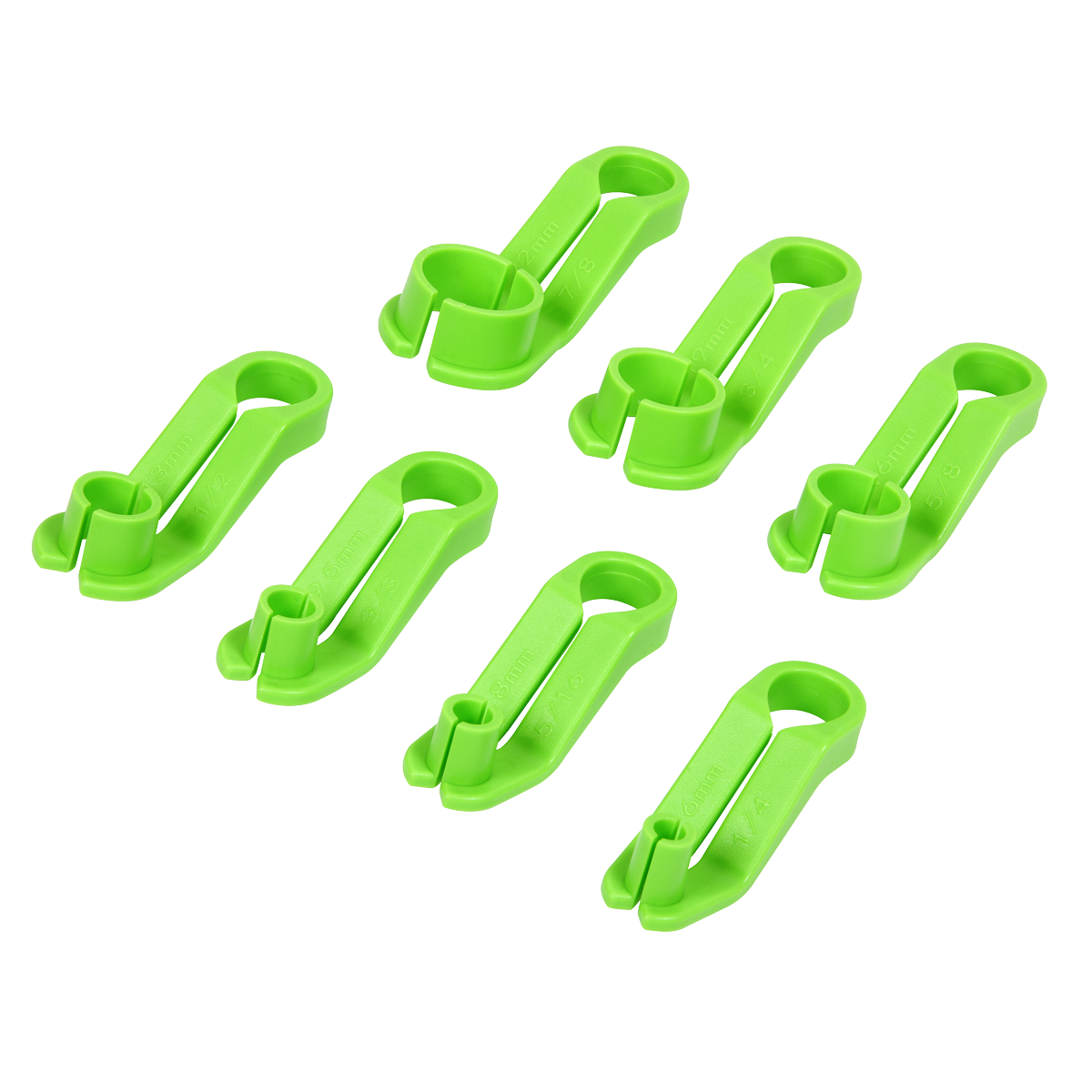 Seven Sealey green plastic clips, from the Disconnection Set Air Conditioning & Fuel Line - VS0555, are arranged in rows on a white background.