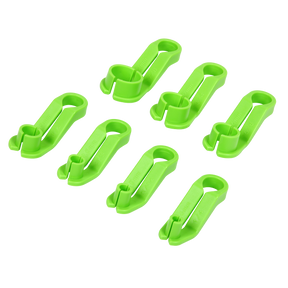 Seven Sealey green plastic clips, from the Disconnection Set Air Conditioning & Fuel Line - VS0555, are arranged in rows on a white background.
