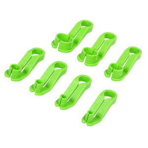 Seven Sealey green plastic clips, from the Disconnection Set Air Conditioning & Fuel Line - VS0555, are arranged in rows on a white background.