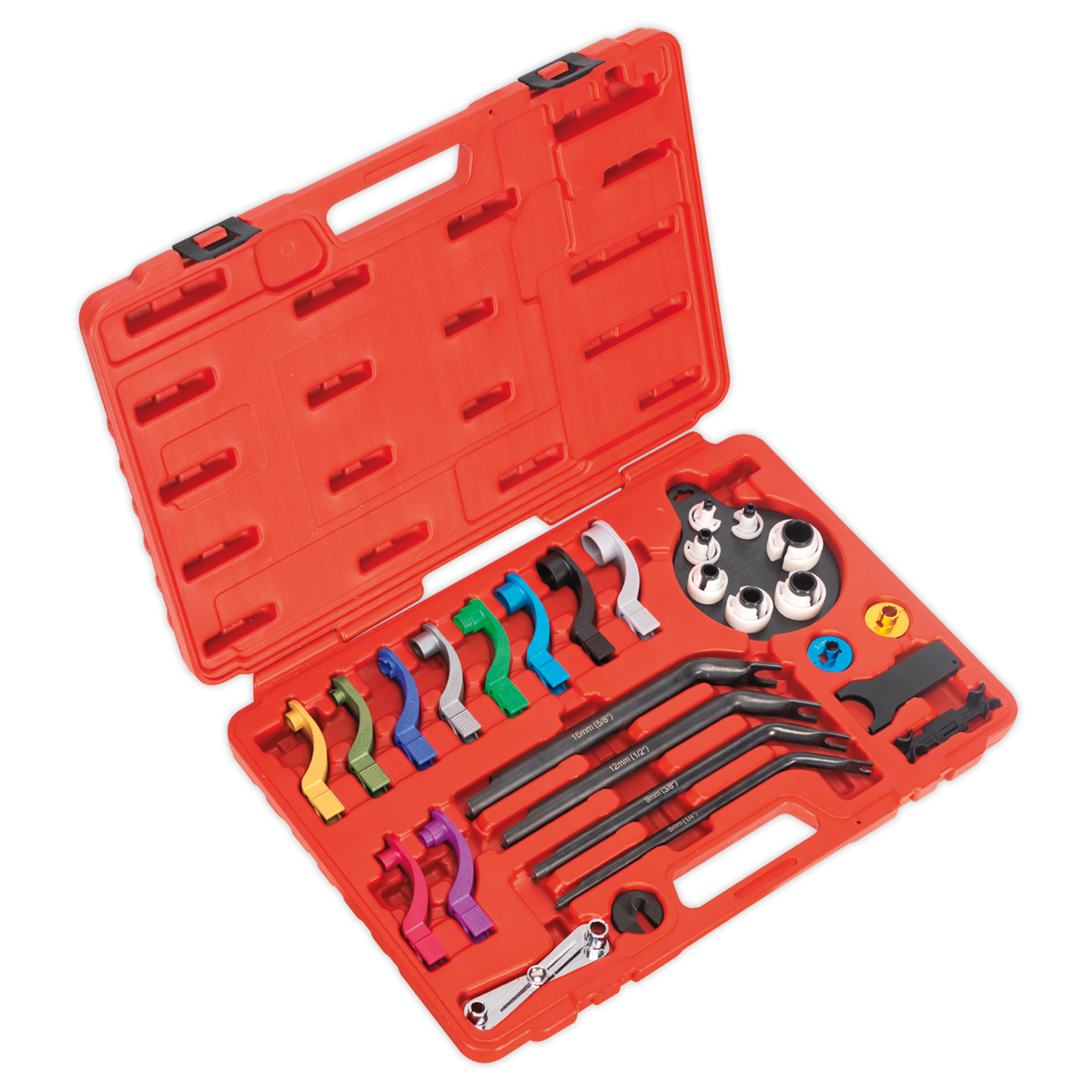 The Sealey Fuel & Air Conditioning Disconnection Tool Kit 27pc (VS0557) features a red plastic case with an array of multi-colored car fuel line disconnect tools and various other automotive hand tools, ensuring broad vehicle compatibility.